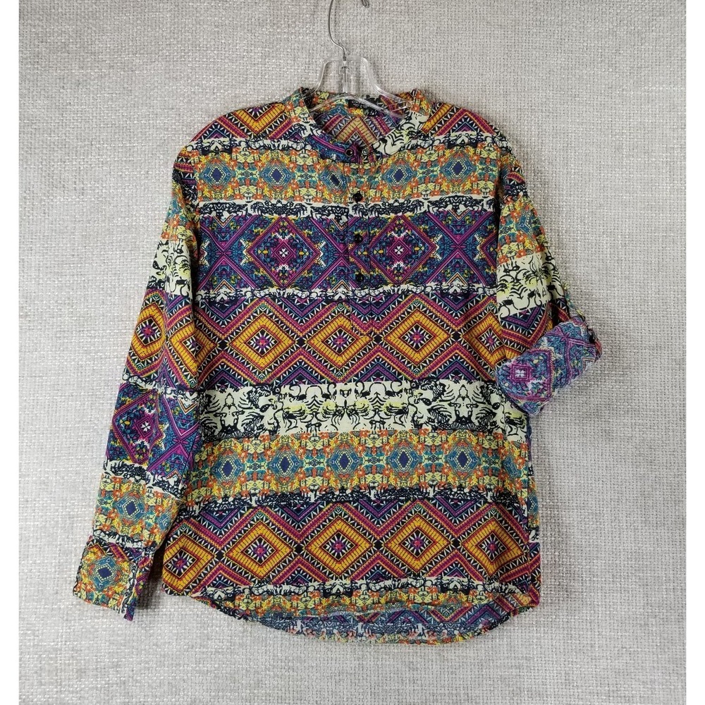 Coofandy 1/4 Button Blouse Top Women's Small Roll Sleeve BOHO Colorful EUC